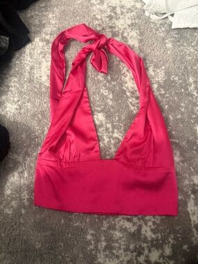 Beginning Boutique Hot Pink Satin Halter Crop Top